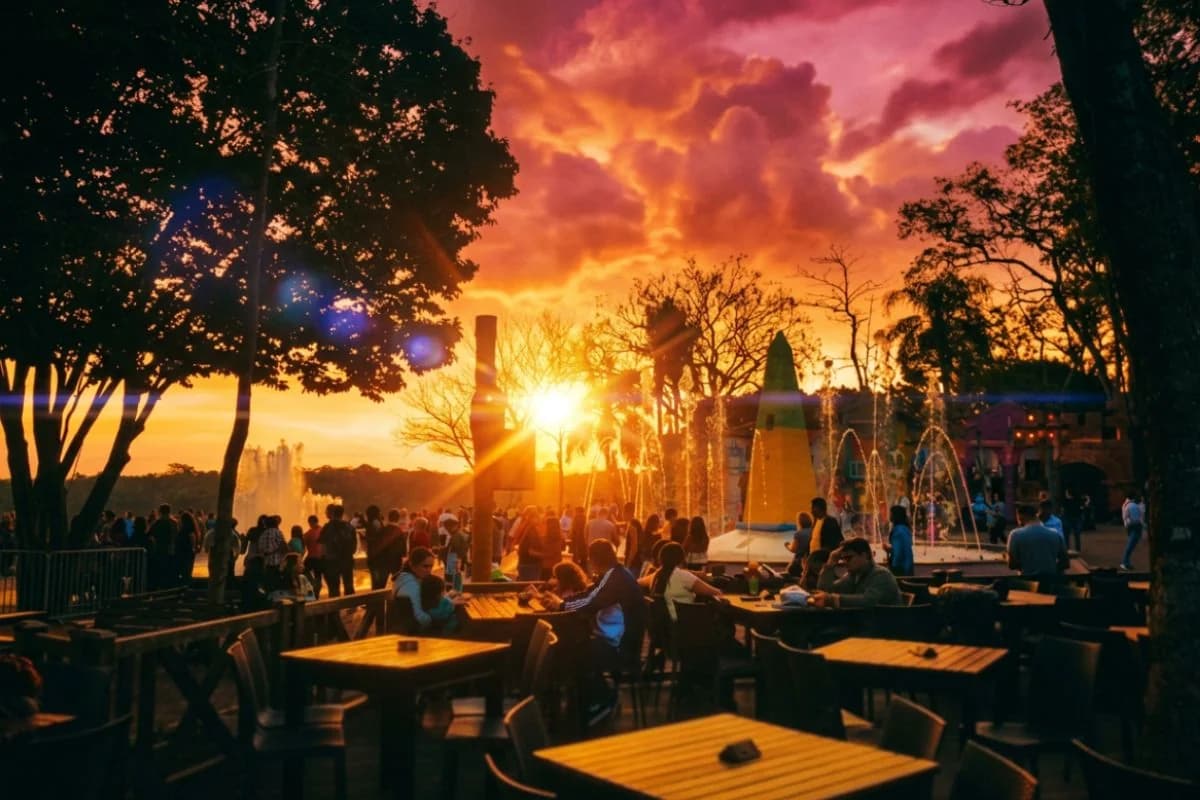 Pôr do sol cinematográfico no Marco das Três Fronteiras em Foz do Iguaçu, com céu rosa-dourado, obelisco brasileiro central, chafarizes iluminados e visitantes jantando nas mesas do Restaurante Cabeza de Vaca em primeiro plano