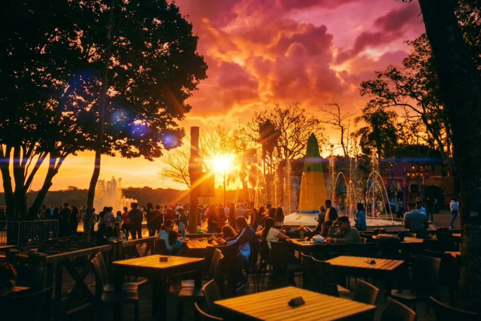Pôr do sol cinematográfico no Marco das Três Fronteiras em Foz do Iguaçu, com céu rosa-dourado e lens flare, obelisco brasileiro central, chafarizes iluminados e visitantes jantando nas mesas do Restaurante Cabeza de Vaca
