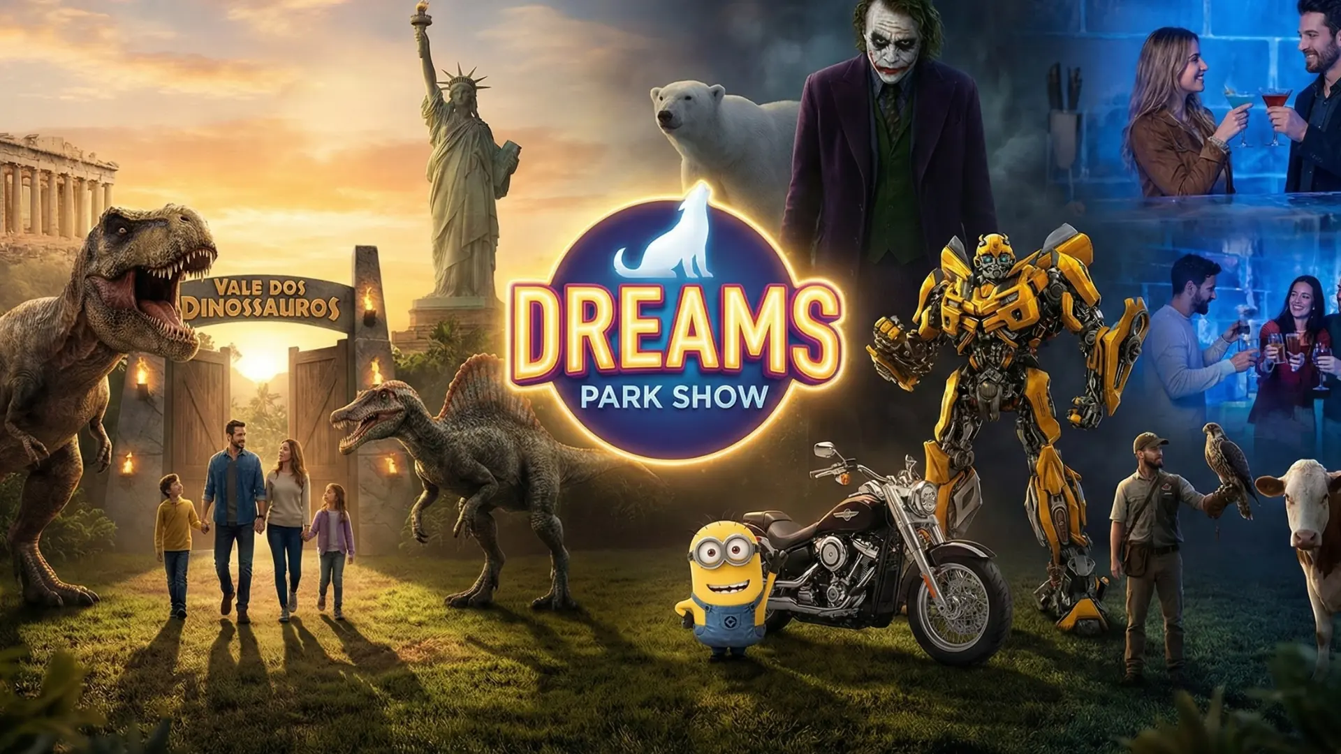 Complexo Dreamland Foz do Iguaçu — entrada com Museu de Cera, Vale dos Dinossauros, Ice Bar, Maravilhas do Mundo, Motor Show e Eco Park