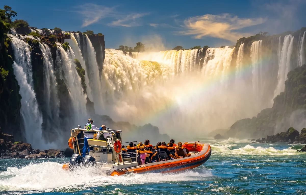 Bote del Macuco Safari acercándose a la base de las Cataratas del Iguazú con un arcoíris sobre el rocío