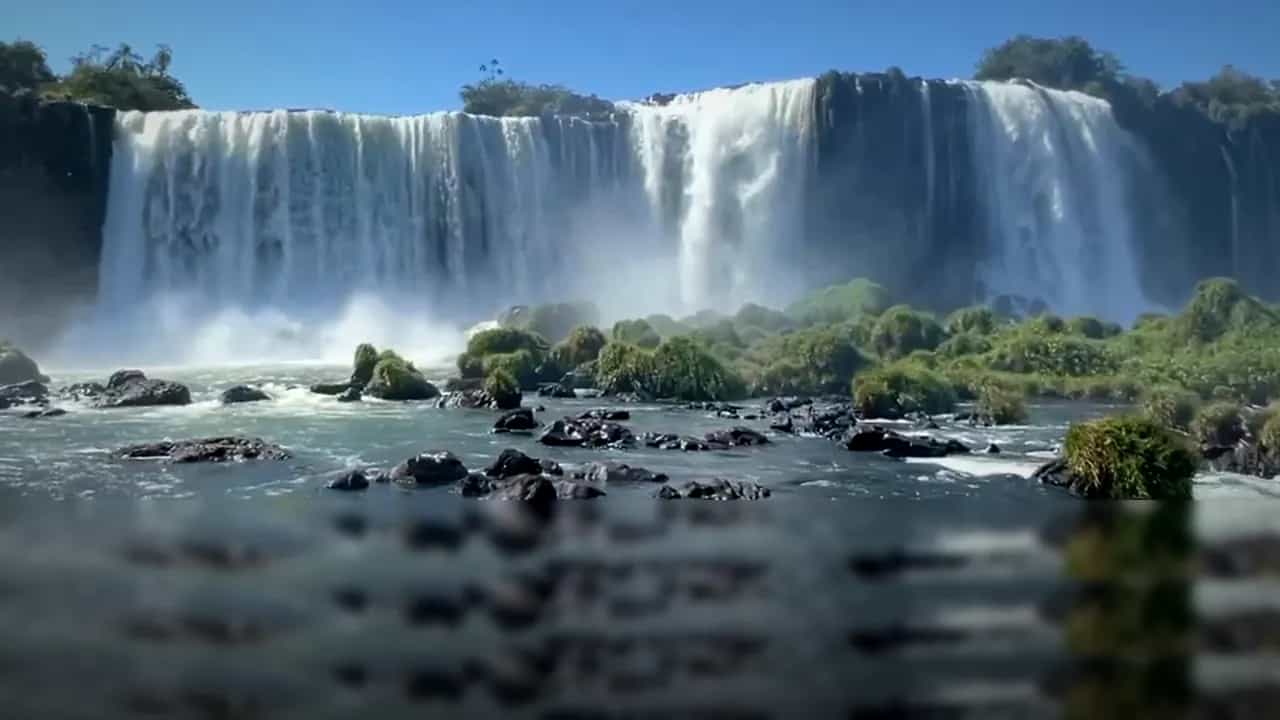 Vista frontal do conjunto de quedas das Cataratas do Iguaçu pelo lado brasileiro, frame do vídeo