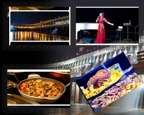 Composição com cenas do passeio Itaipu Iluminada Especial: barragem iluminada à noite, apresentação artística e jantar no Restaurante do Mirante do Lago