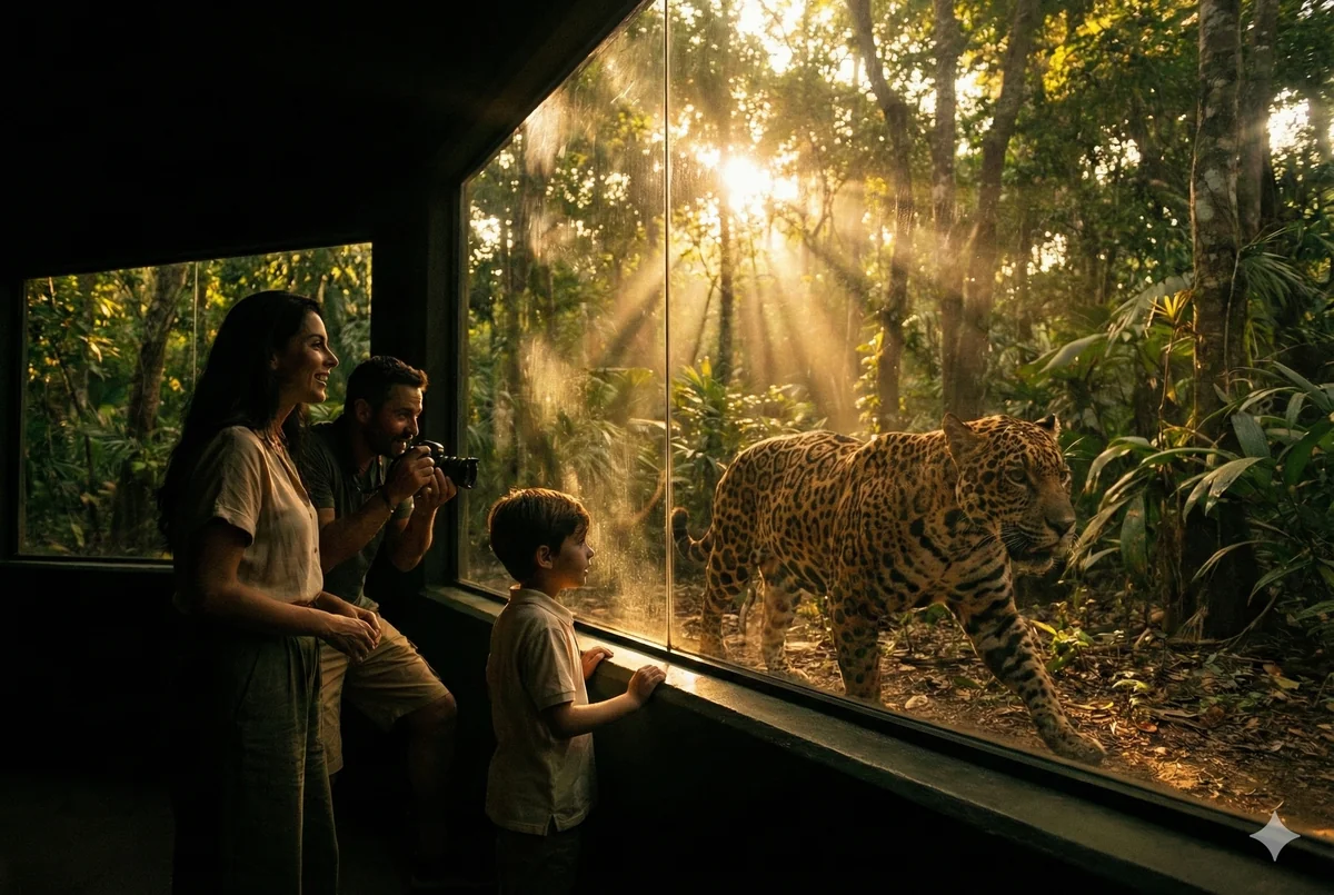 Família observando uma onça-pintada através do vidro do recinto no Refúgio Biológico Bela Vista da Itaipu com raios de sol atravessando a Mata Atlântica